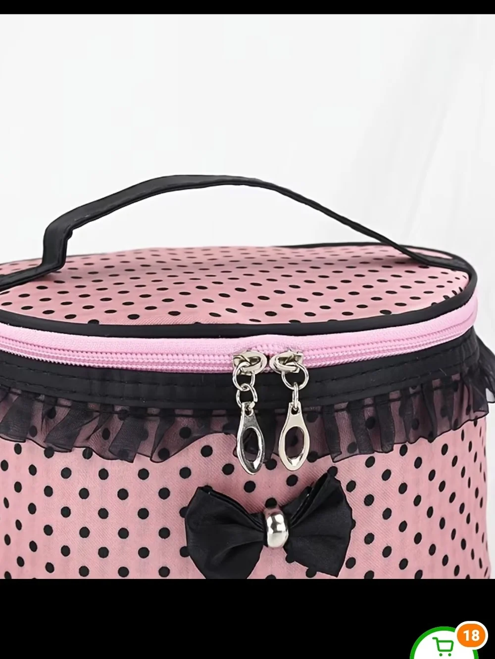 Pink Polka Dot Cosmetic Train Case with Black Trim and Bow